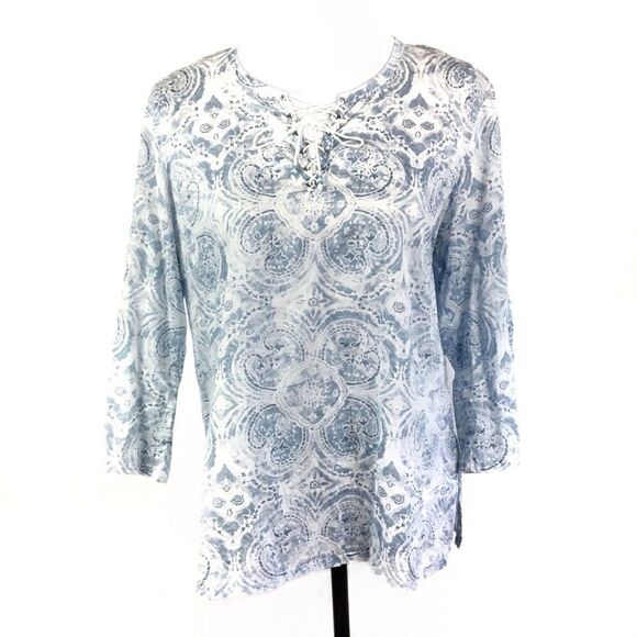 Jones New York Pheasant Blouse Blue White Lace Neck Large Petite - Picture 1 of 6